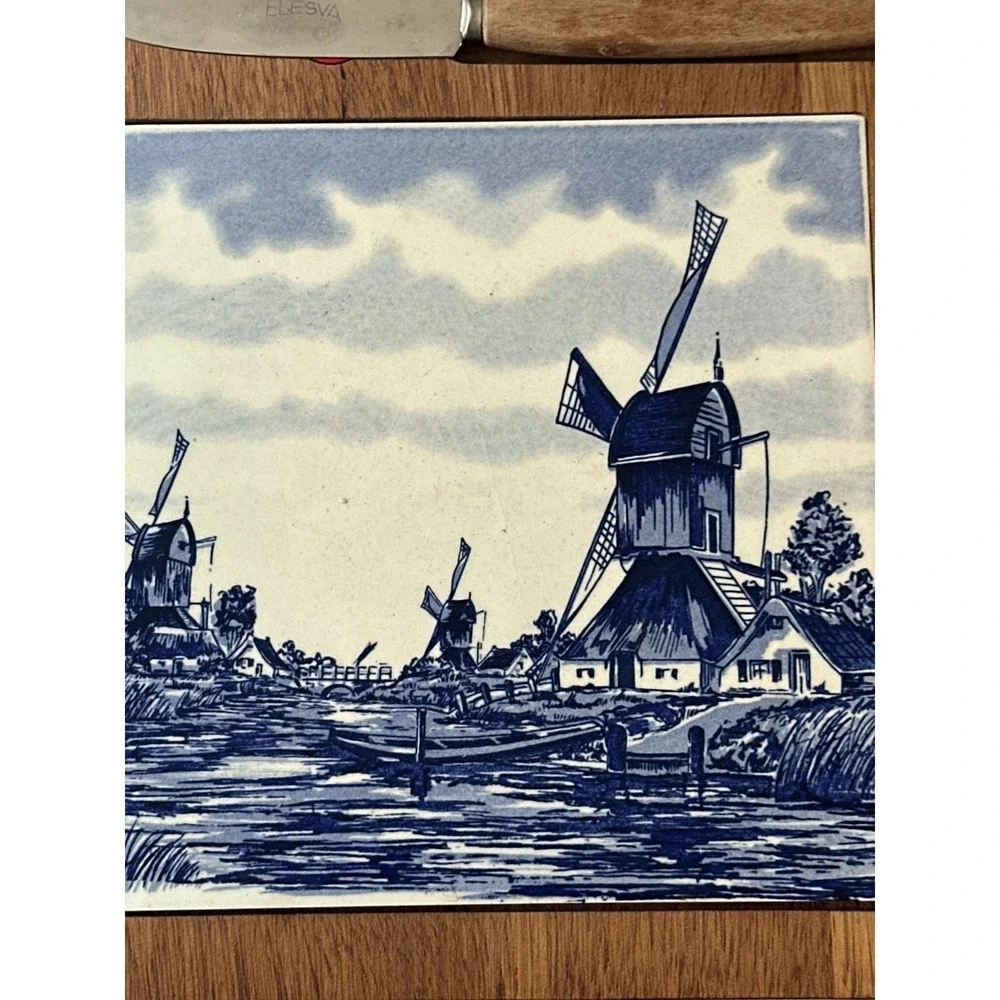 Vintage Paris Theme Cheese Board Holland Made Blue Delft and White Tile Cutting